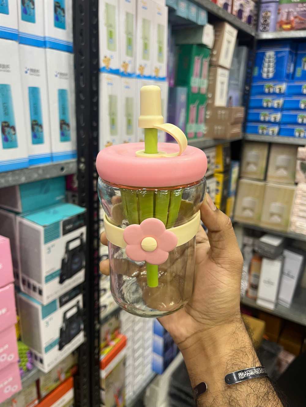 400ml Flower Bow Glass Cup with Straw – Cute Kawaii Aesthetic Glass Mug